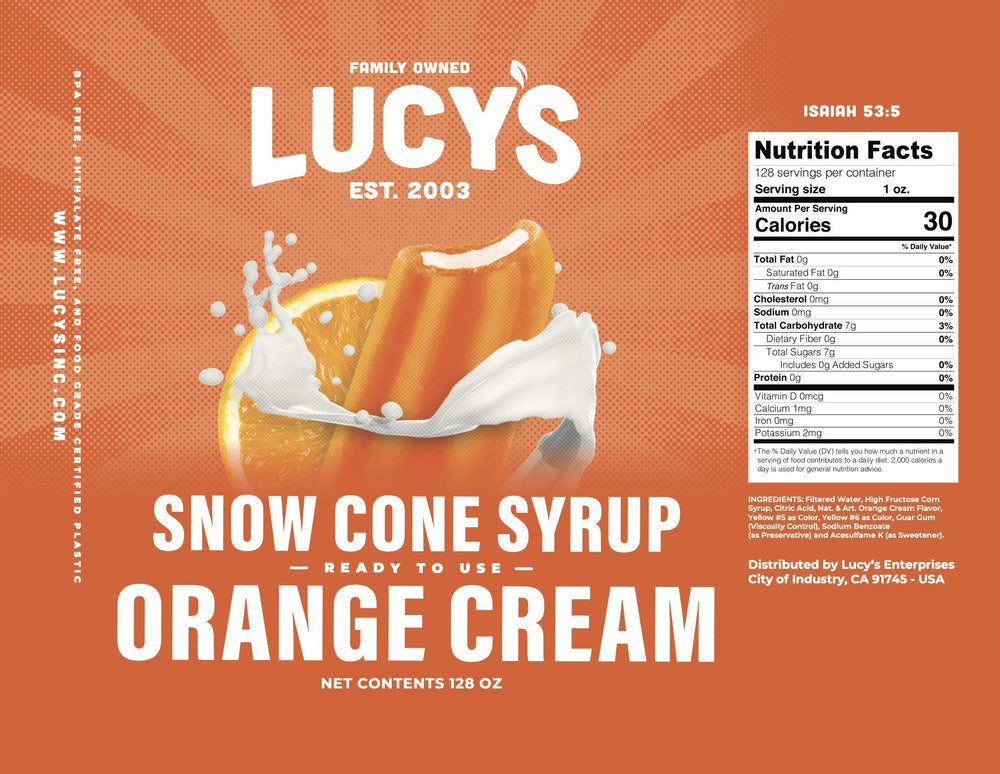 Lucy's syrup drizzled on shaved ice, enhancing flavor and visual appeal
