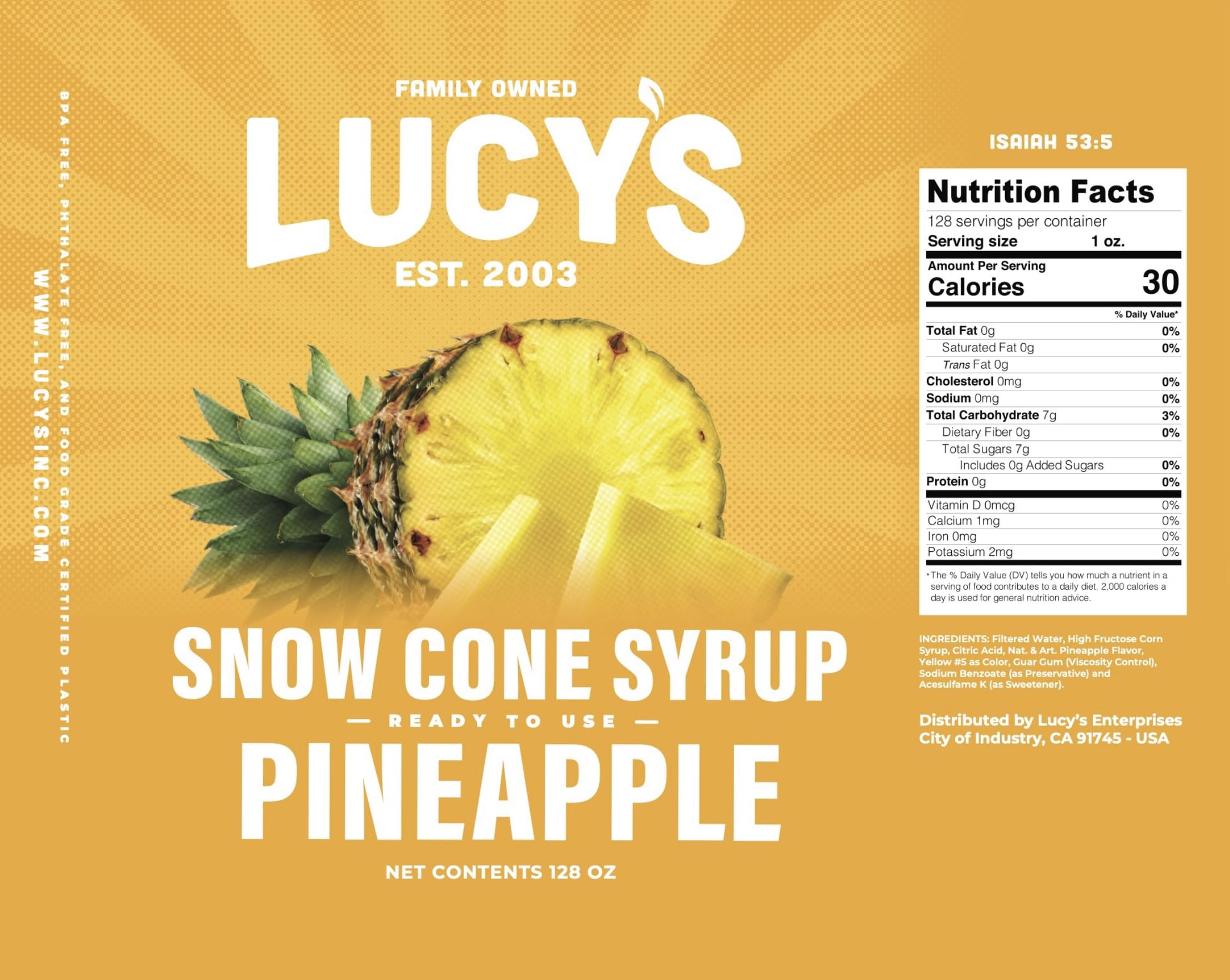 Lucy's syrup drizzled over shaved ice highlighting bright pineapple flavor