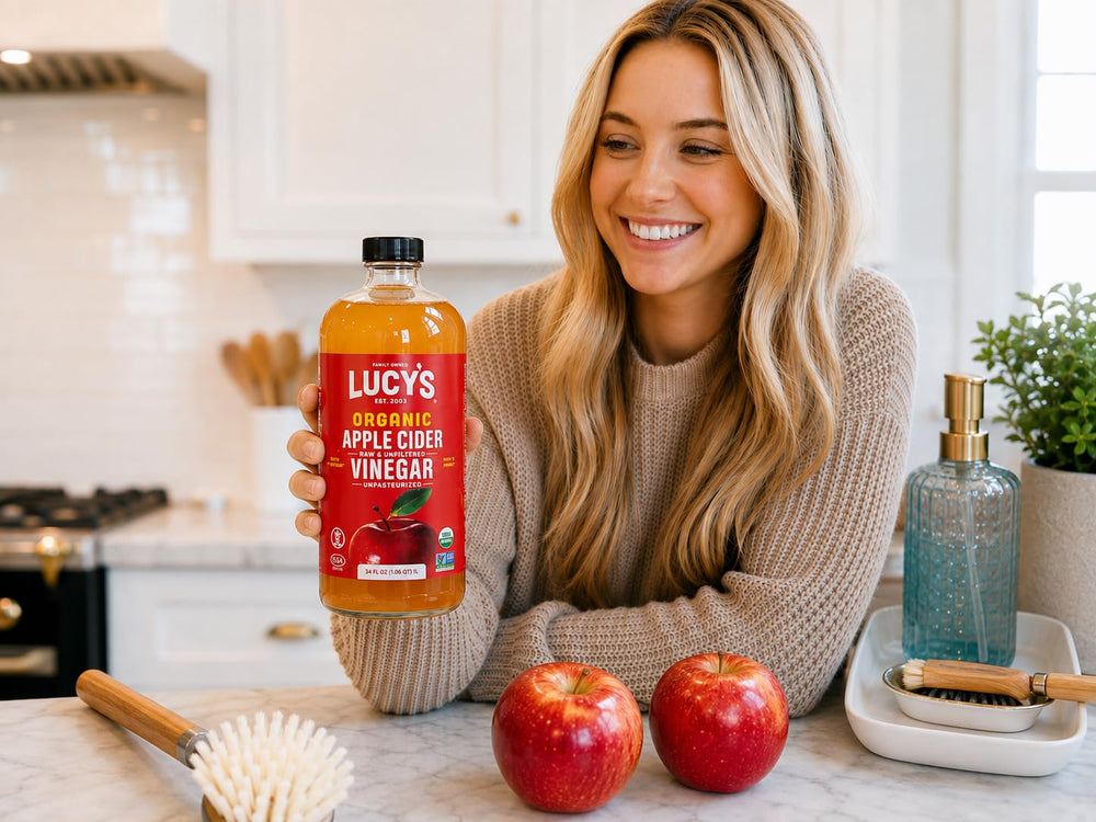 Size comparison of Lucy's 34oz bottle beside apples to show scale and Pacific Northwest sourcing