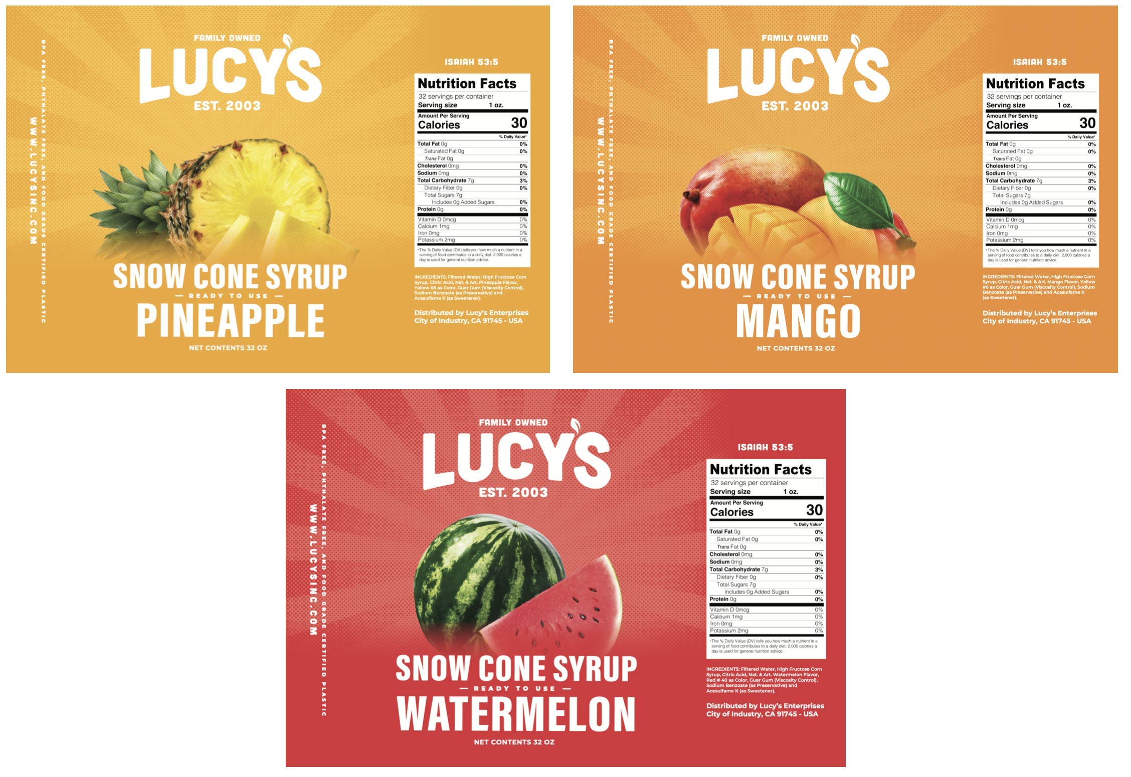 Lucy’s syrup being poured over shaved ice to create colorful, refreshing snow cones