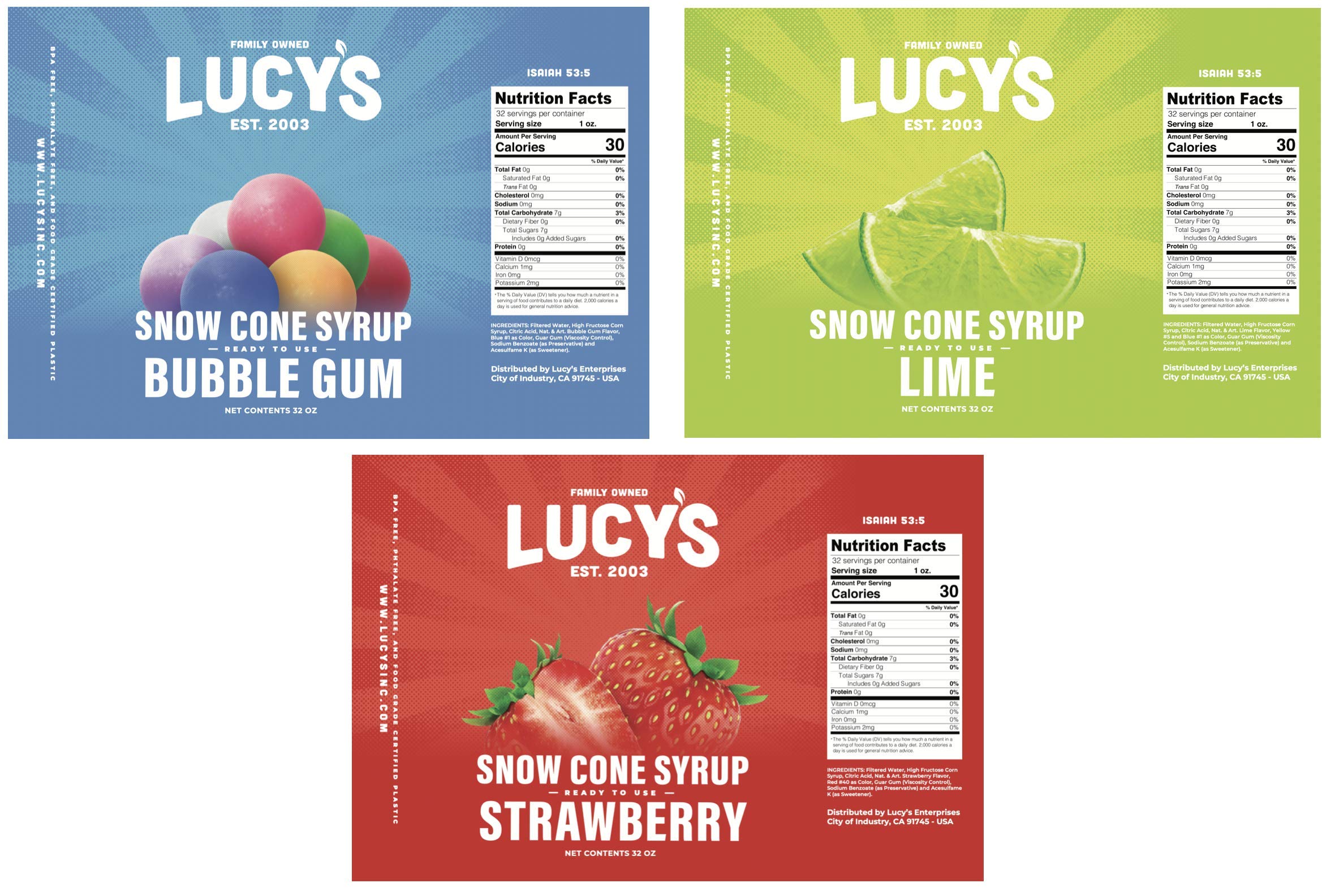 Lucy’s syrup poured over shaved ice snow cone highlighting bright flavor appeal