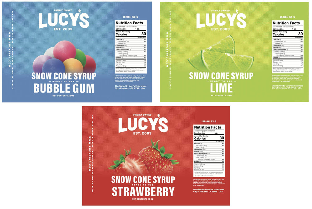Lucy’s syrup poured over shaved ice snow cone highlighting bright flavor appeal