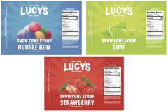 Lucy’s syrup poured over shaved ice snow cone highlighting bright flavor appeal