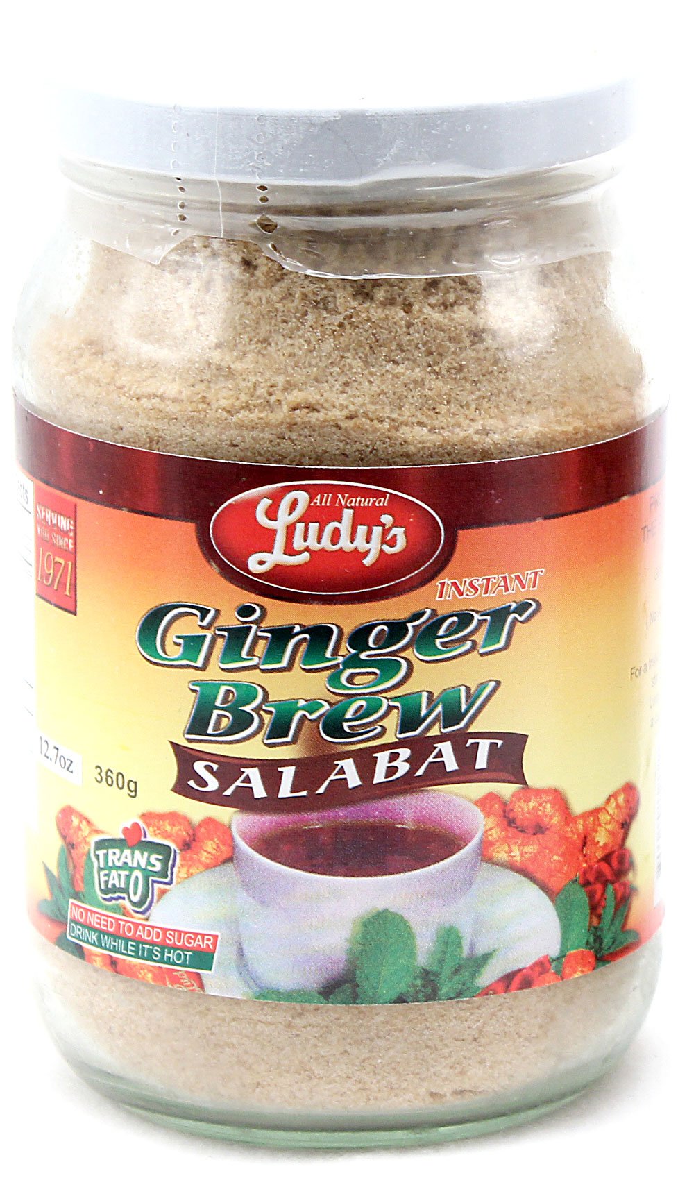 Ludy's front packaging showing the 360g instant ginger brew, convenient and aromatic