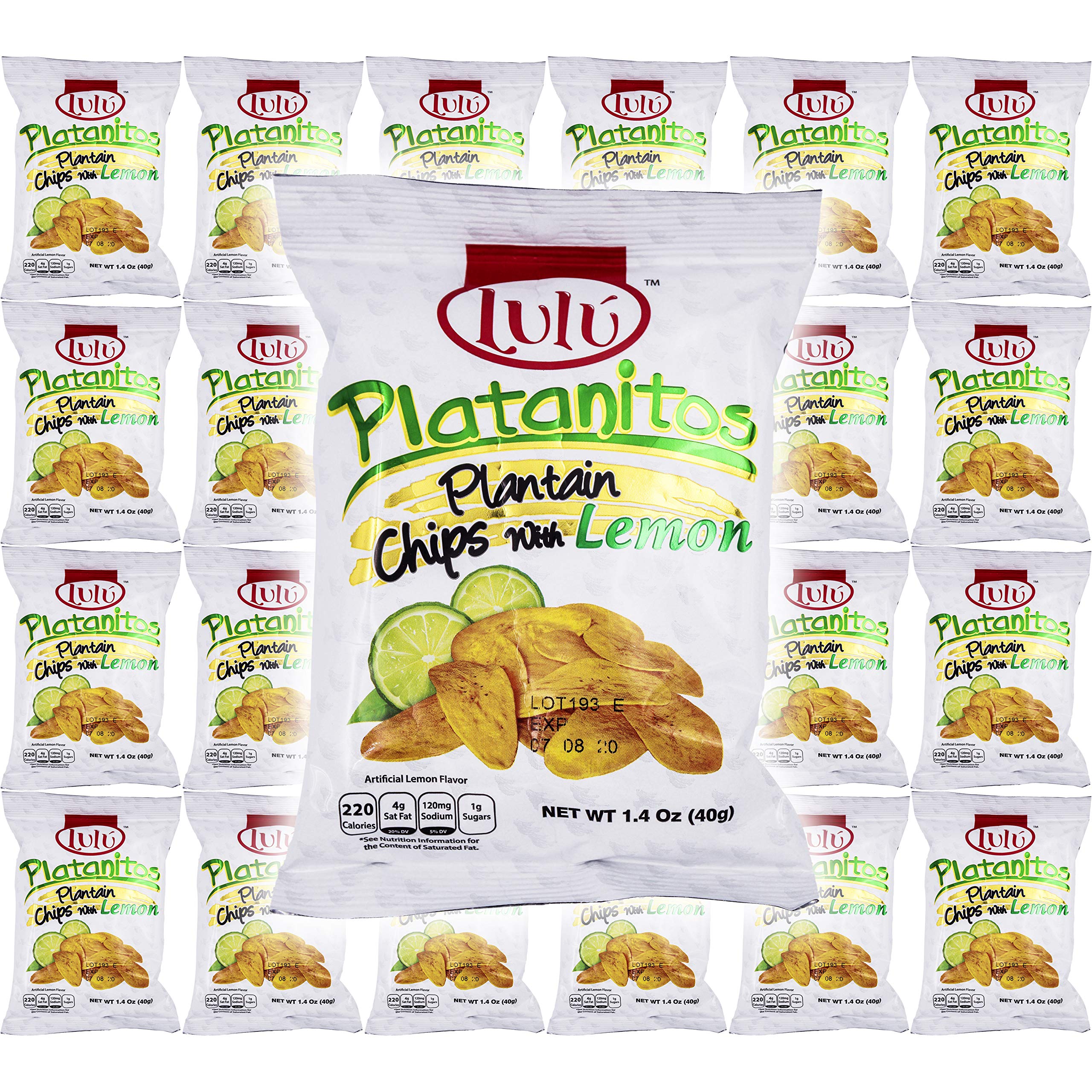 LULU Plantain Chips front packaging showing lemon flavor and 1.4 oz bag benefits