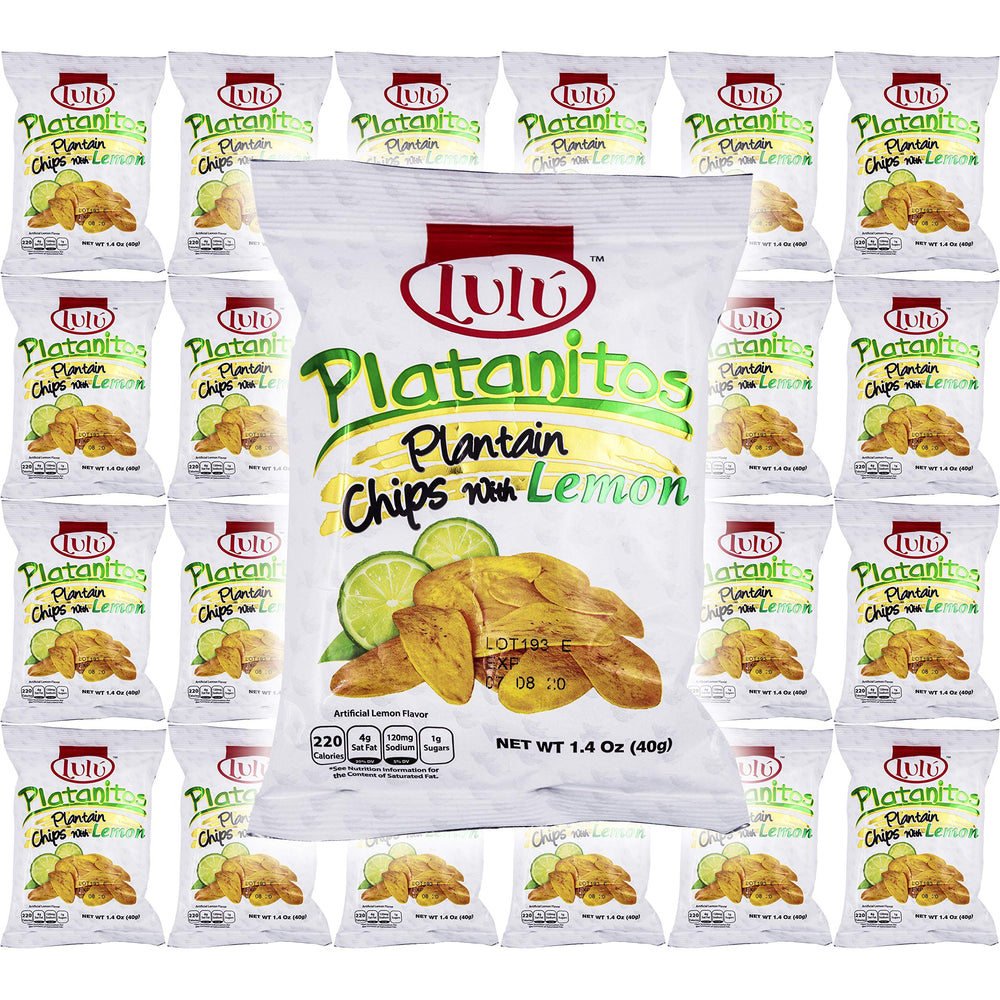 LULU Plantain Chips front packaging showing lemon flavor and 1.4 oz bag benefits