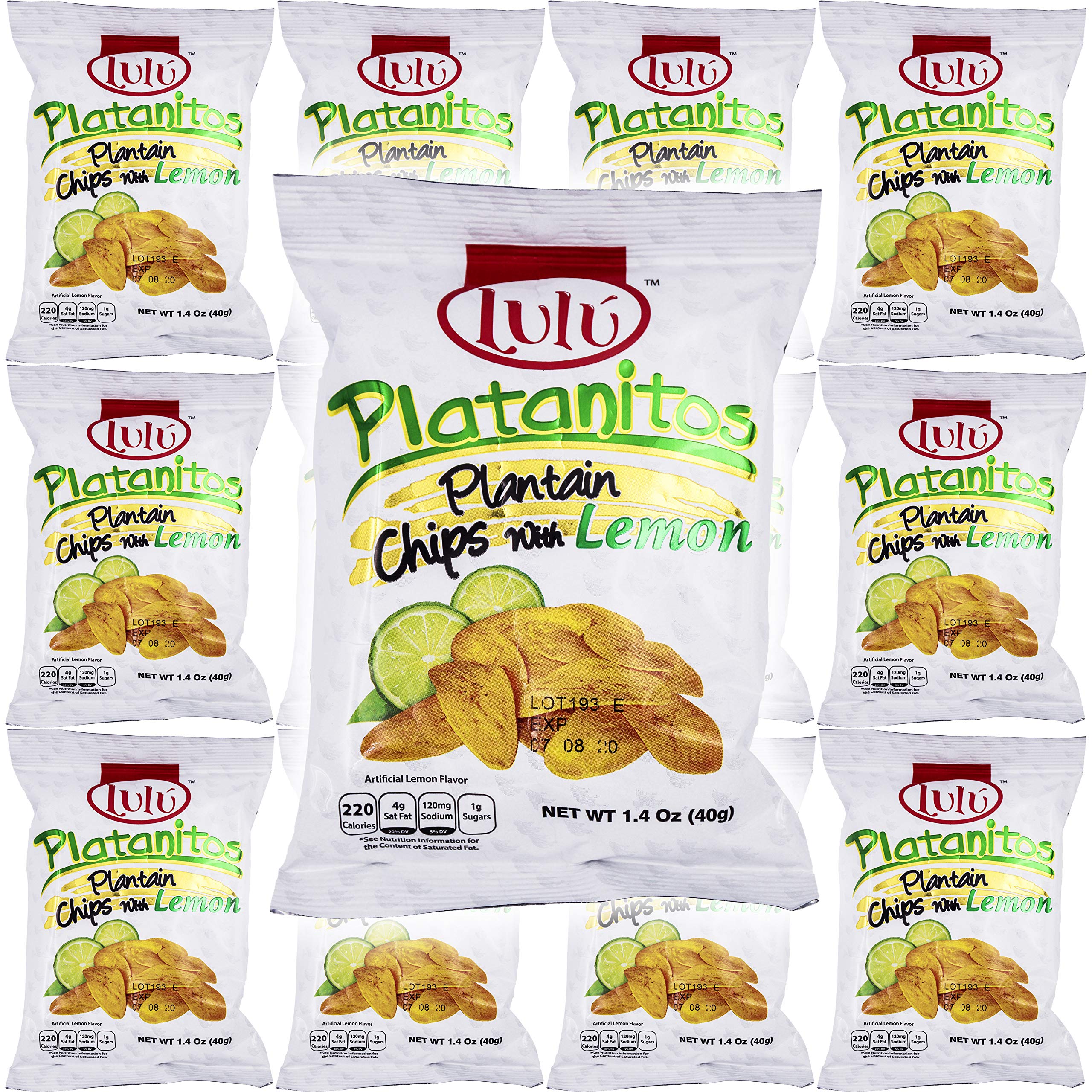 LULU Platanitos front packaging showing 1.4oz bag and lemon hint, highlights convenience