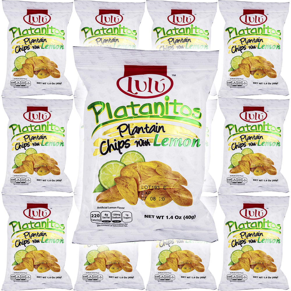 LULU Platanitos front packaging showing 1.4oz bag and lemon hint, highlights convenience