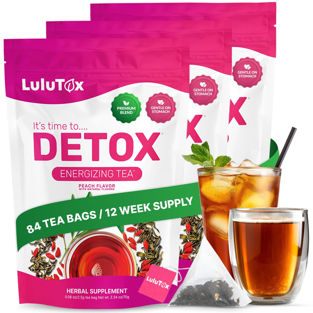 LULUTOX front packaging showing peach detox tea and vegan badge for clarity