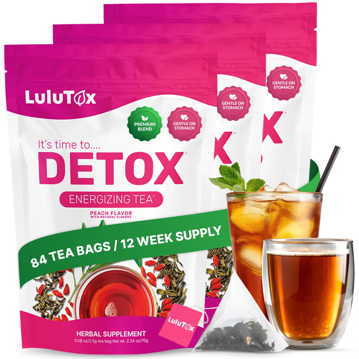 LULUTOX front packaging showing peach detox tea and vegan badge for clarity