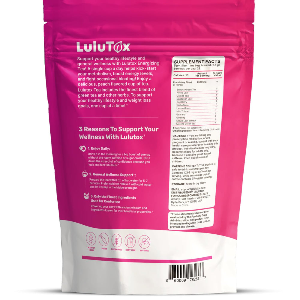 LULUTOX closeup of individually wrapped tea bags highlighting convenience