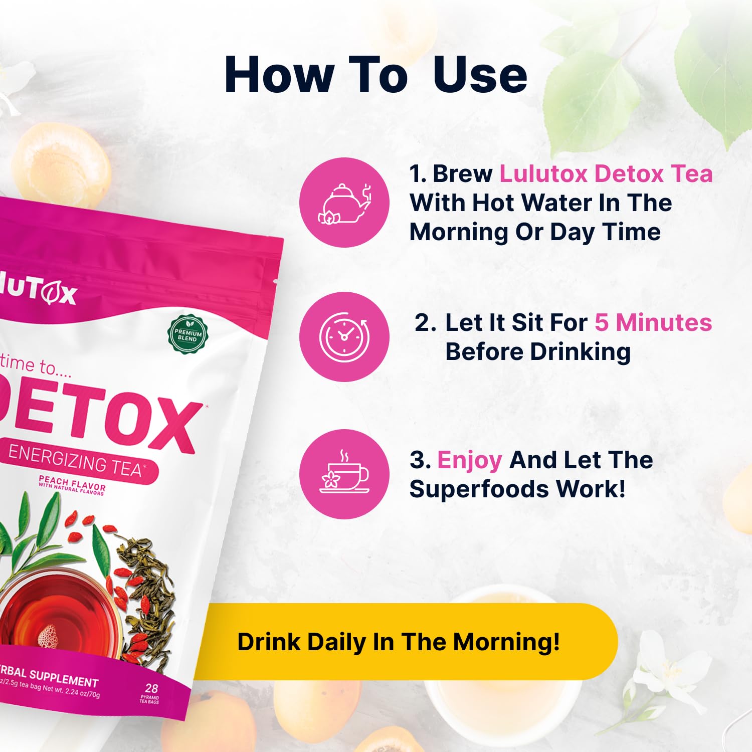 LULUTOX pouring tea into cup demonstrating easy preparation and aroma