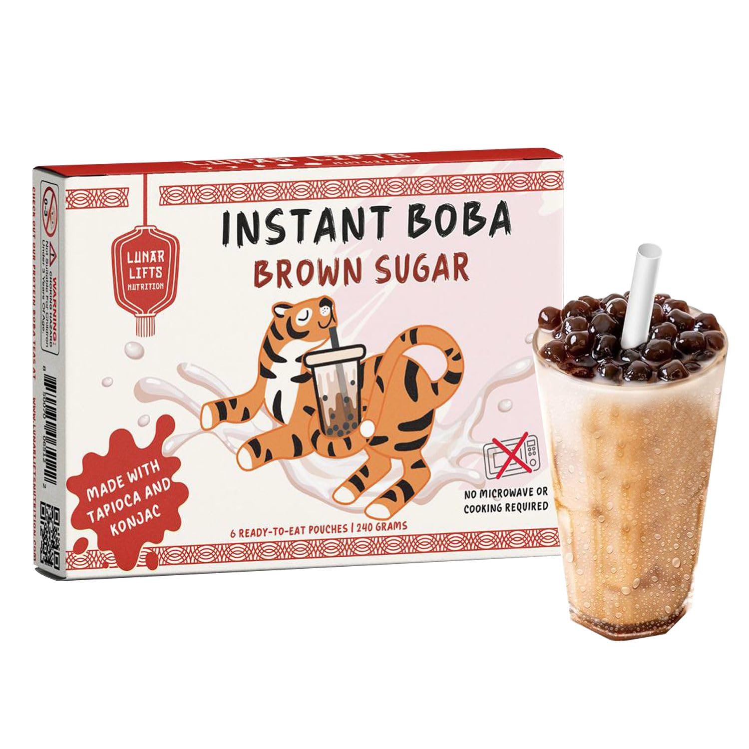 Lunar Lifts front packaging showing instant brown sugar boba, convenient ready-to-eat