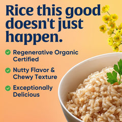Lundberg cooked short-grain brown rice in bowl showcasing creamy, sticky finish