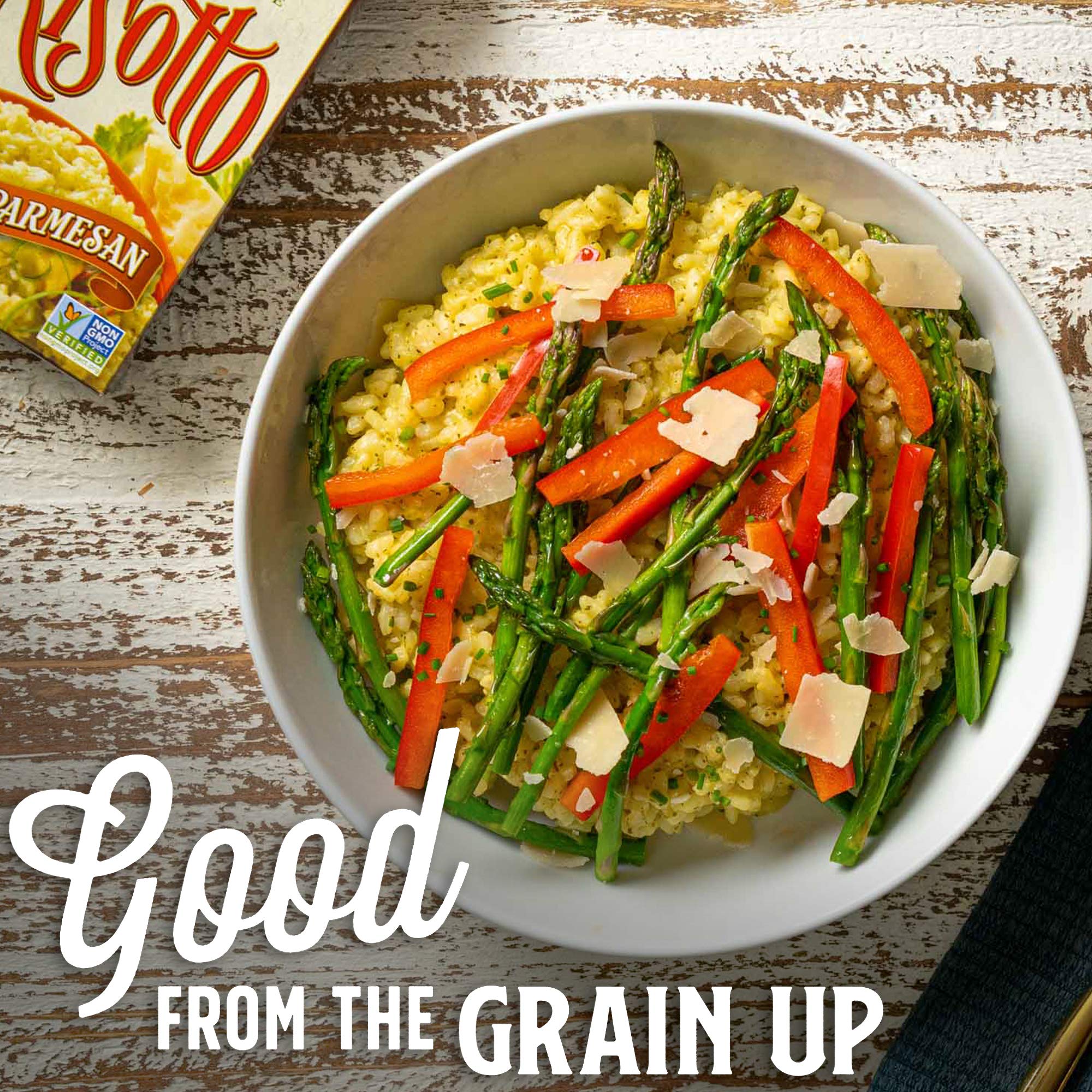 Lundberg risotto ingredients on counter to show easy kitchen prep and versatility