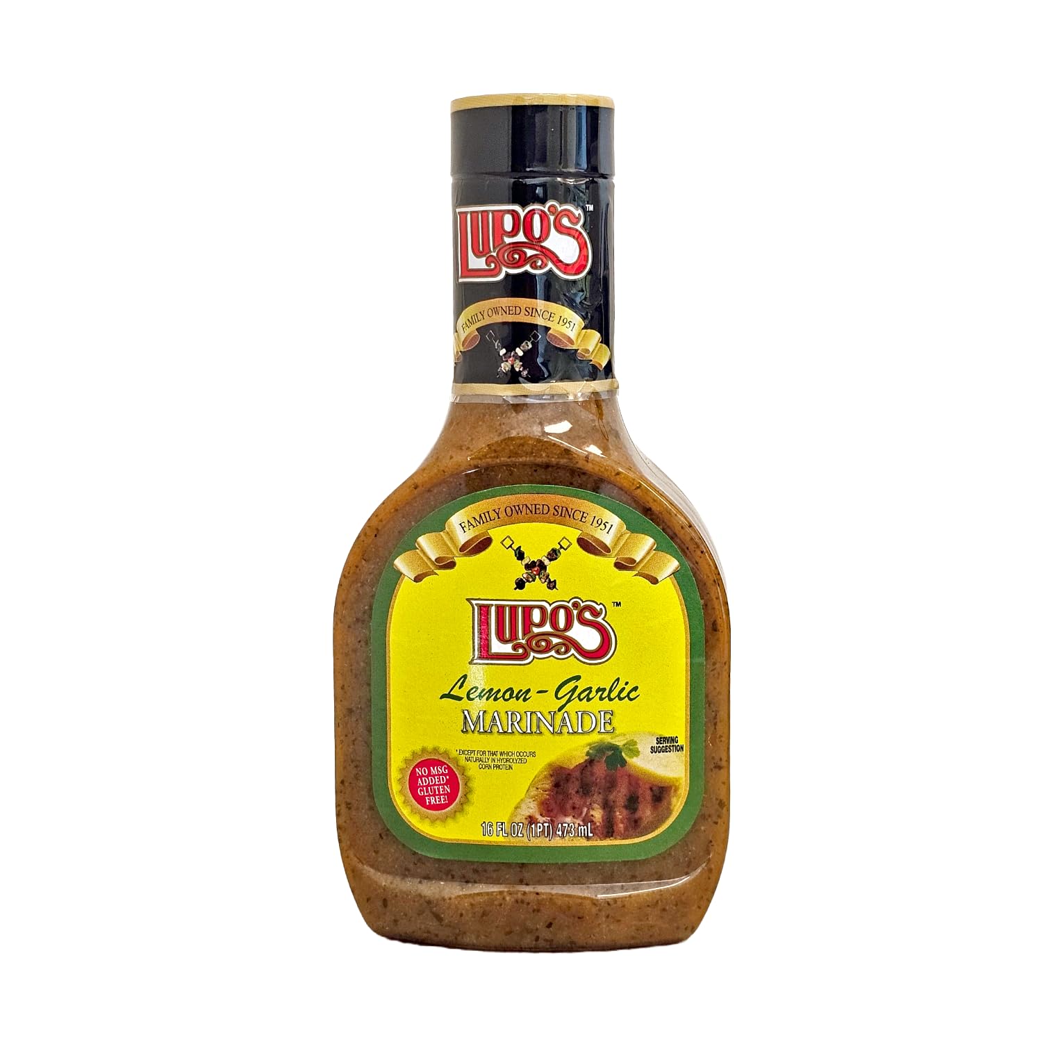 Lupo's front label showing 16 oz bottle and flavor, highlights convenience