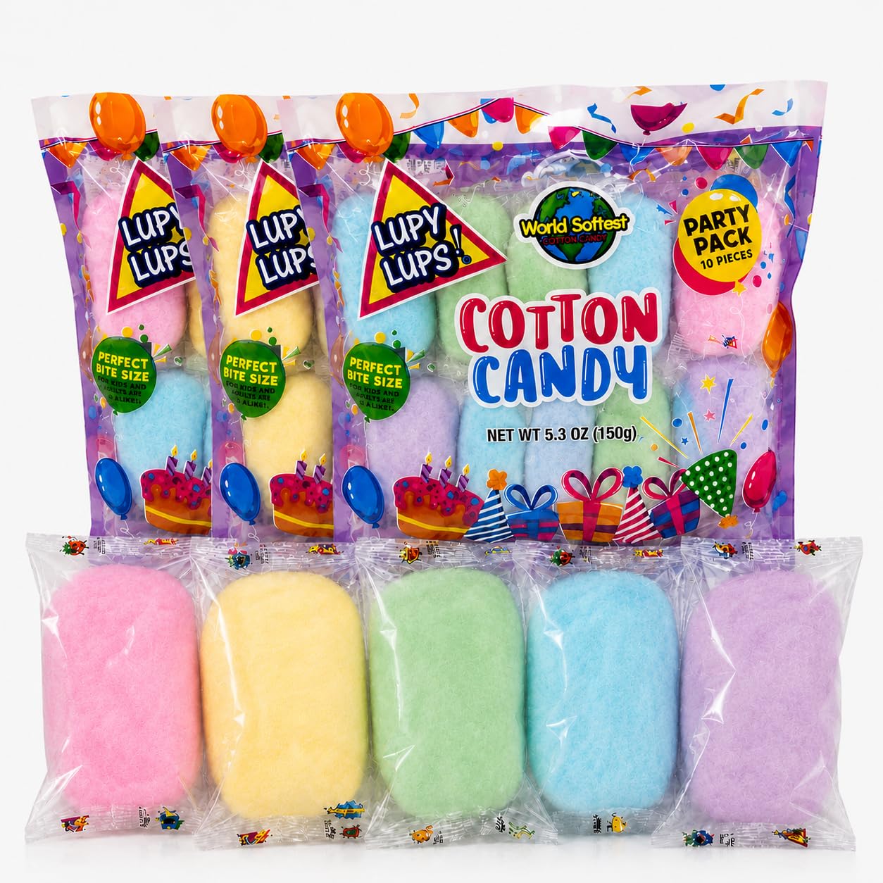 Lupy Lups! front packaging showing 30 mini cotton candy bags and bright design