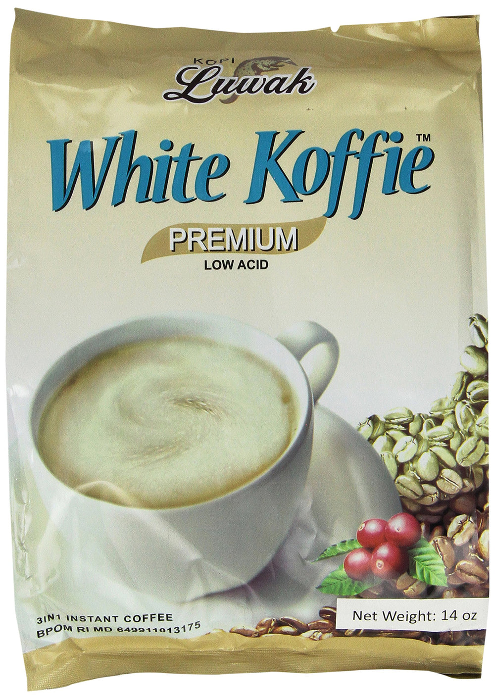 G8 Beverage LUWAK White Koffie pack front showing 20 low-acid sachets for convenient servings