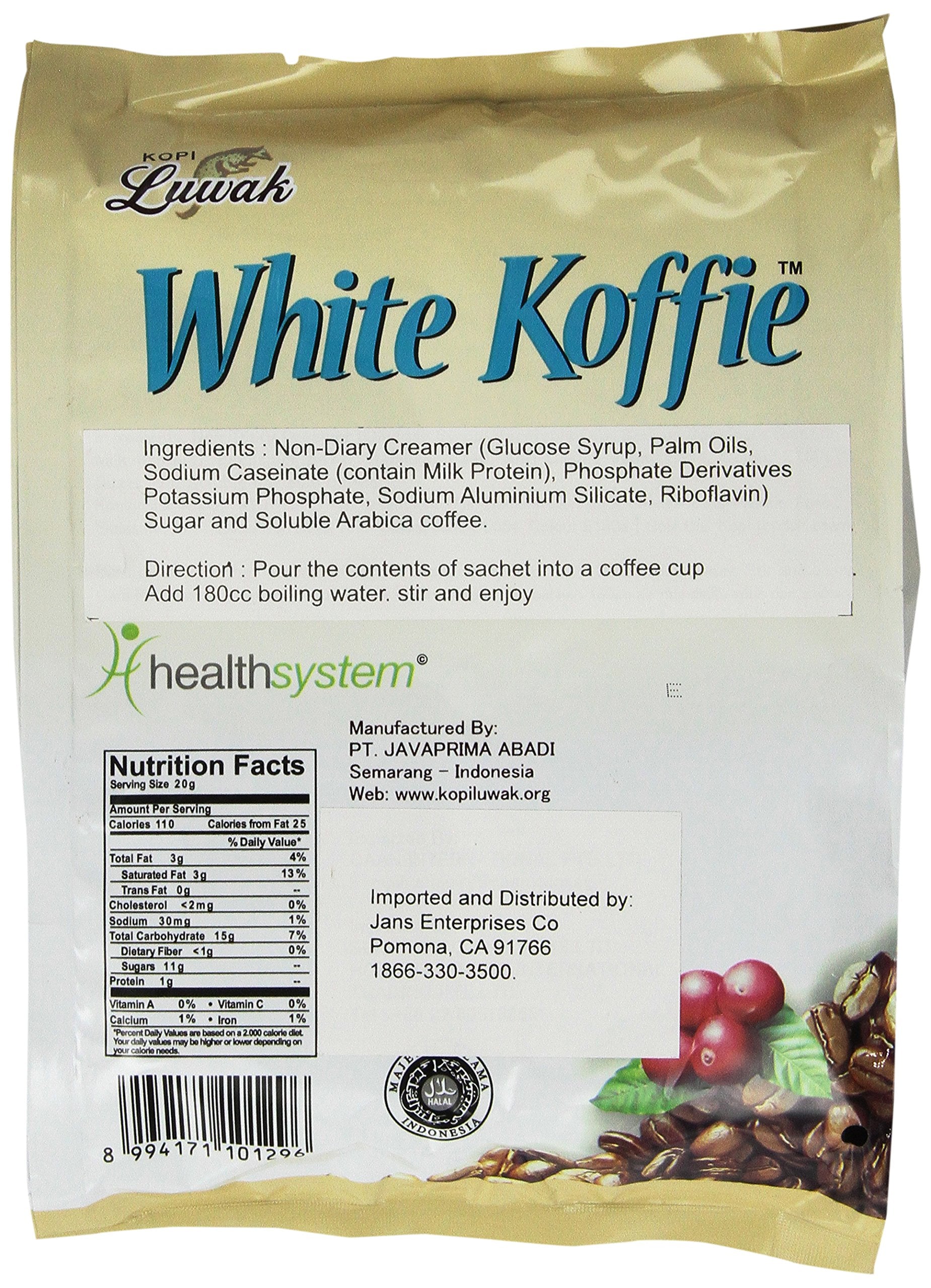 G8 Beverage LUWAK White Koffie sachet close-up highlighting mix ingredients and easy single-serve benefit