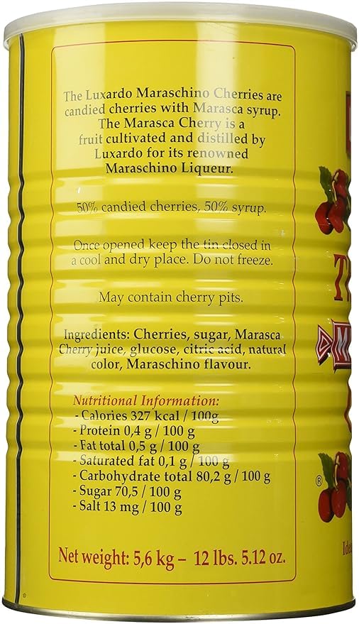 luxardo open can with cherries and syrup, visualizes quantity and texture benefit
