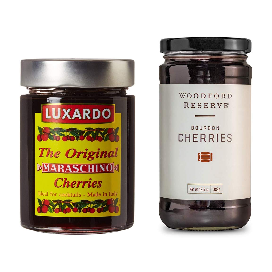 Luxardo and Woodford jar front view showing brand labels and luxurious garnish