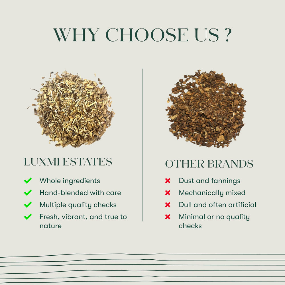 Luxmi brewing dandelion root in a glass teapot showing infusion color and easy preparation benefit