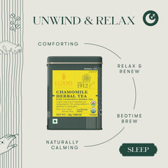 LUXMI tea cup steeping chamomile flowers provides calming beverage