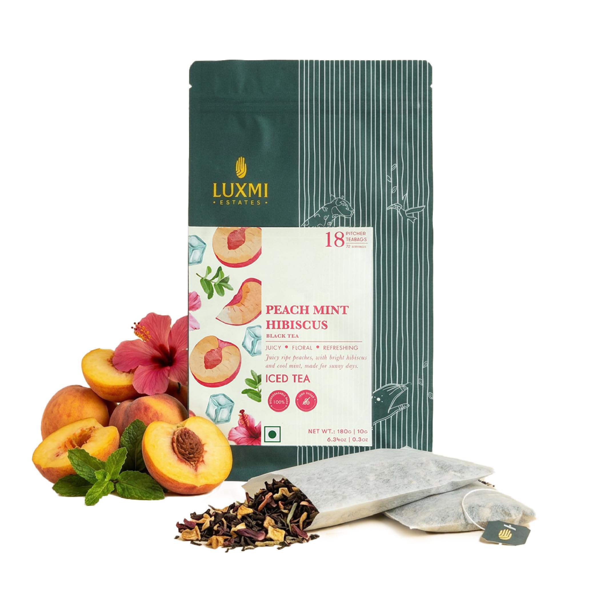 Luxmi Estates front packaging showing 18 pitcher bags and branding benefit clarity