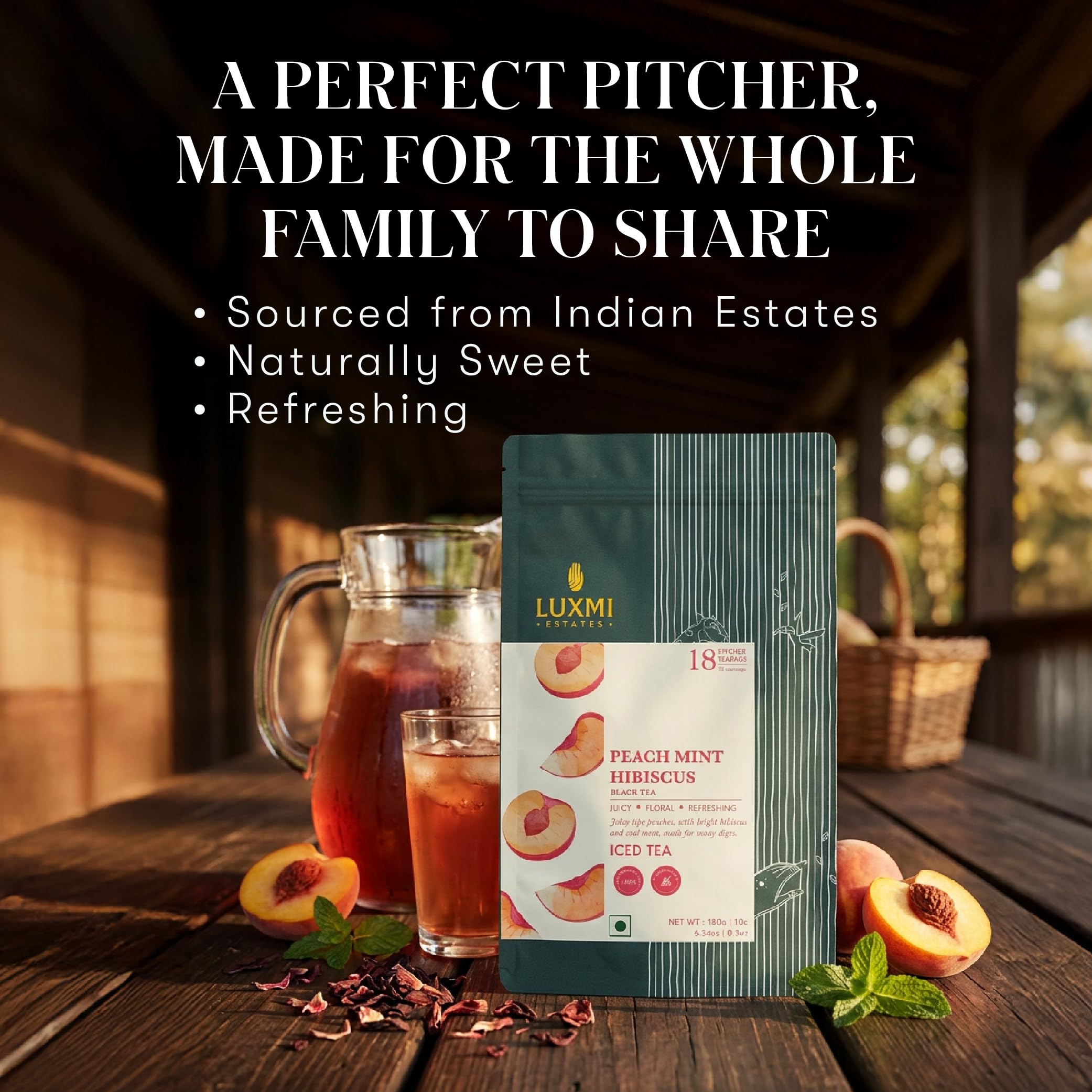 Luxmi Estates pitcher poured iced tea illustrating ready-to-serve refreshment
