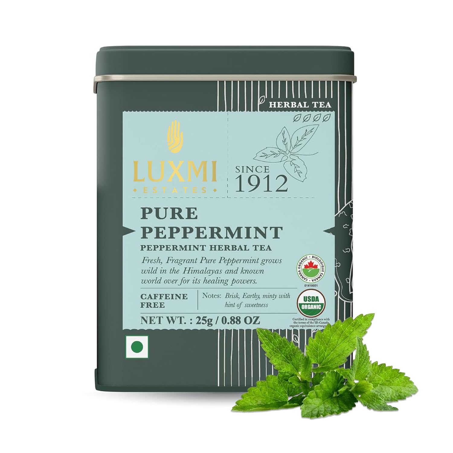 LUXMI tin front view showing Purely Peppermint and compact convenience