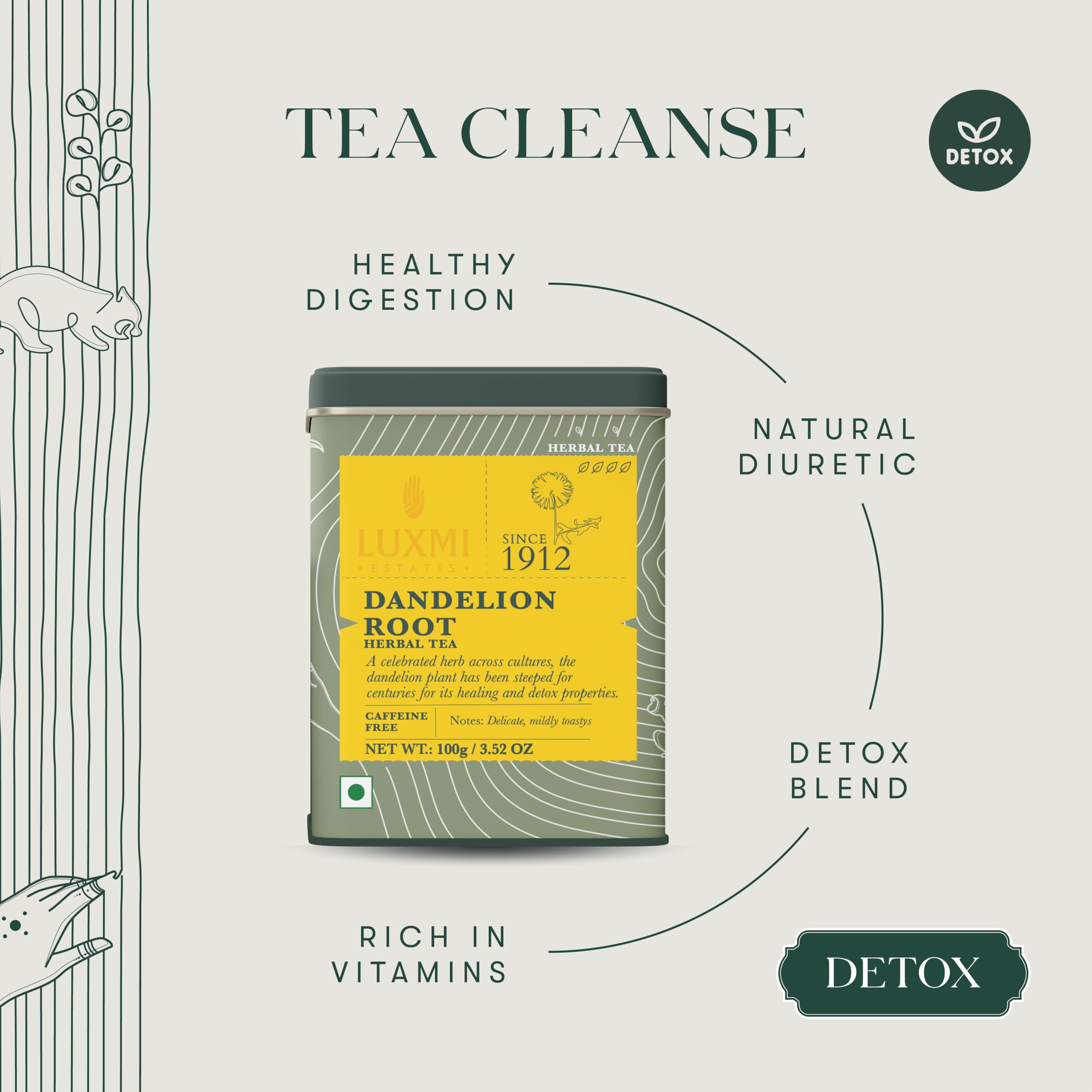 Luxmi loose dandelion root texture spread on a board emphasizing clean single-ingredient benefit