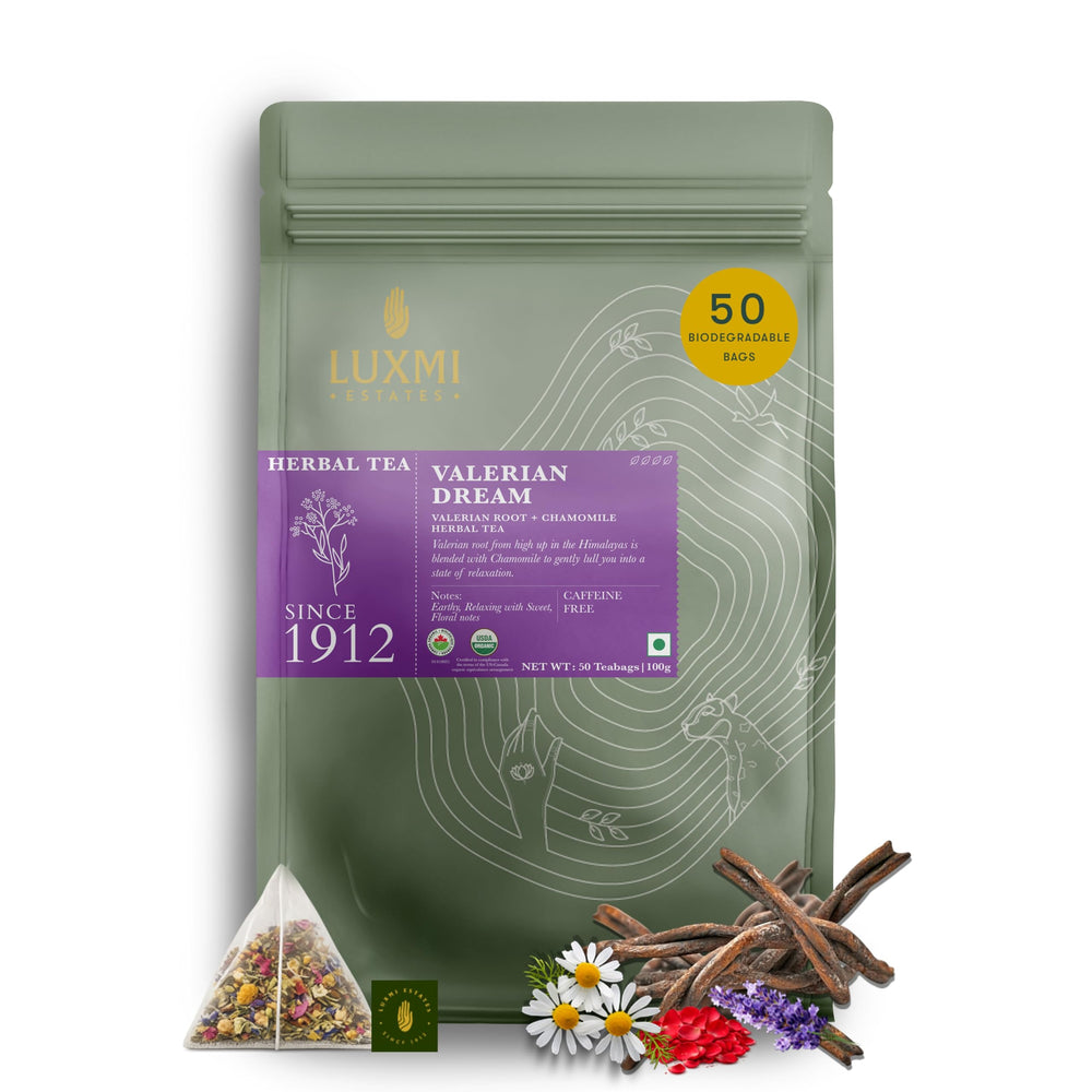 LUXMI front packaging showing tea box and branding, clear ingredient list benefit