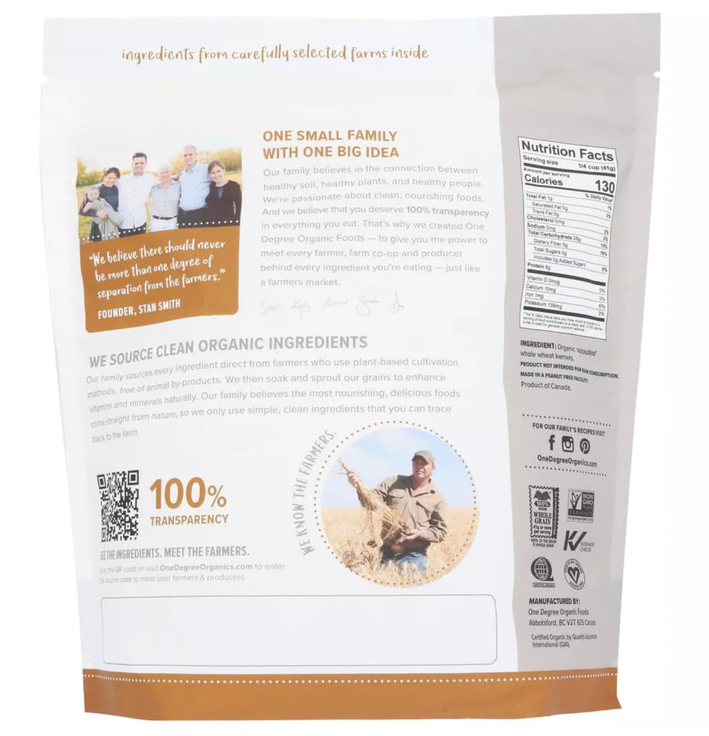 LuxProdX One Degree bag close-up label highlighting sprouted whole wheat and non-GMO benefits