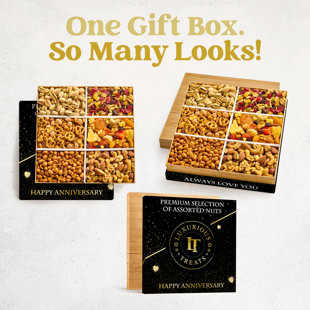 Luxurious Treats closed wood-look gift box conveying ready-to-give convenience