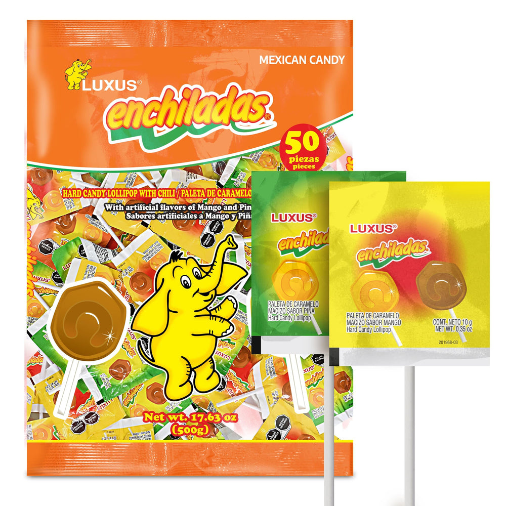 LUXUS ENCHILADAS front packaging showing bulk 50-count pack and vibrant branding