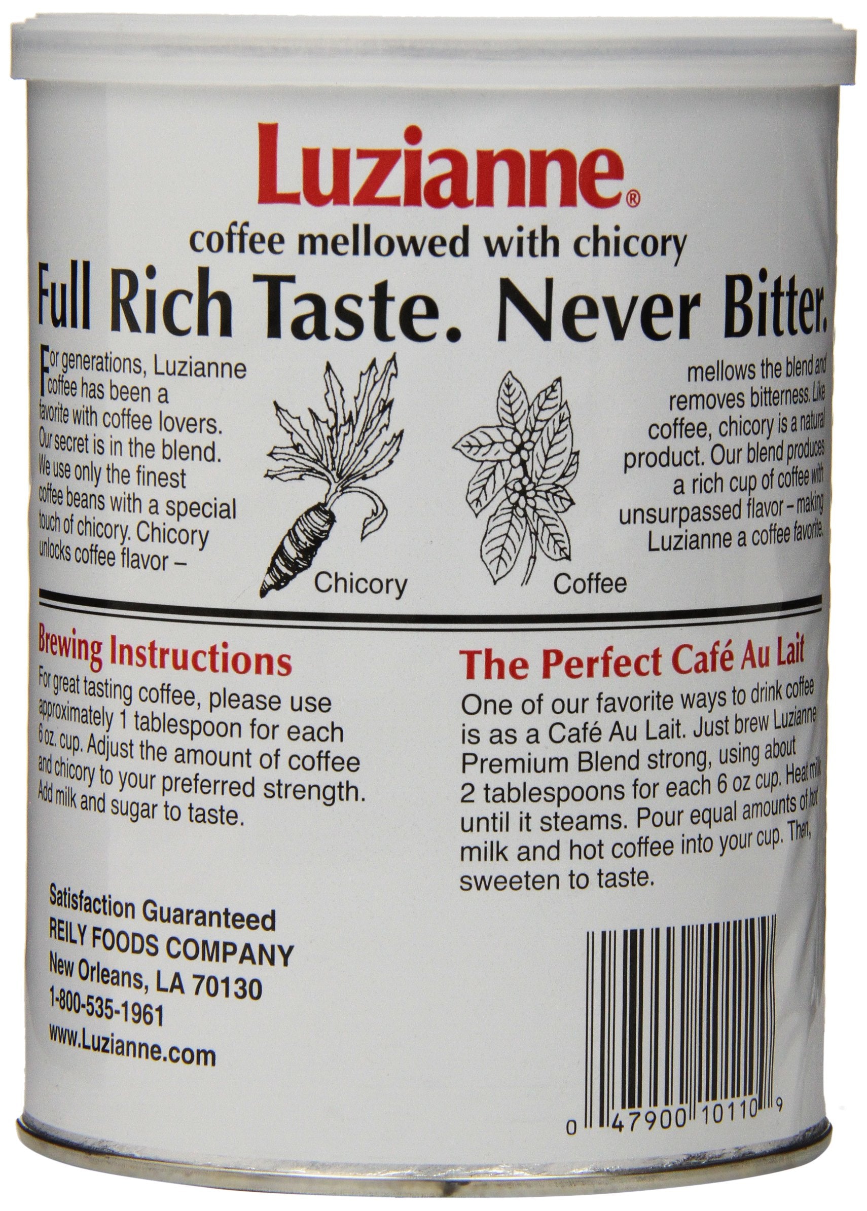 Luzianne close-up label displaying blend details and easy-to-read packaging benefits