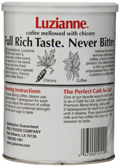 Luzianne close-up label displaying blend details and easy-to-read packaging benefits