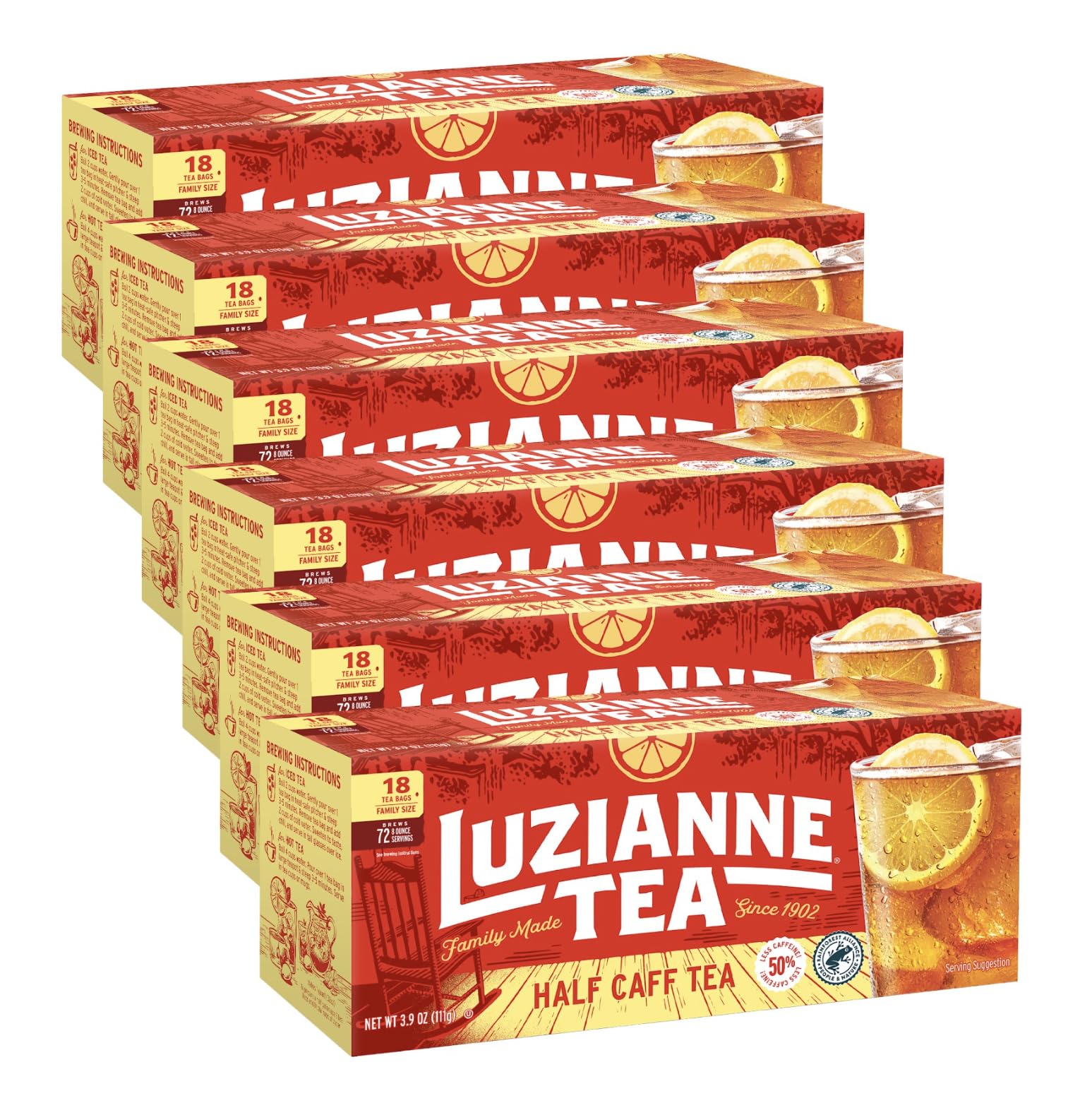 Luzianne front packaging family size box shows brand and unsweetened half-caff benefits