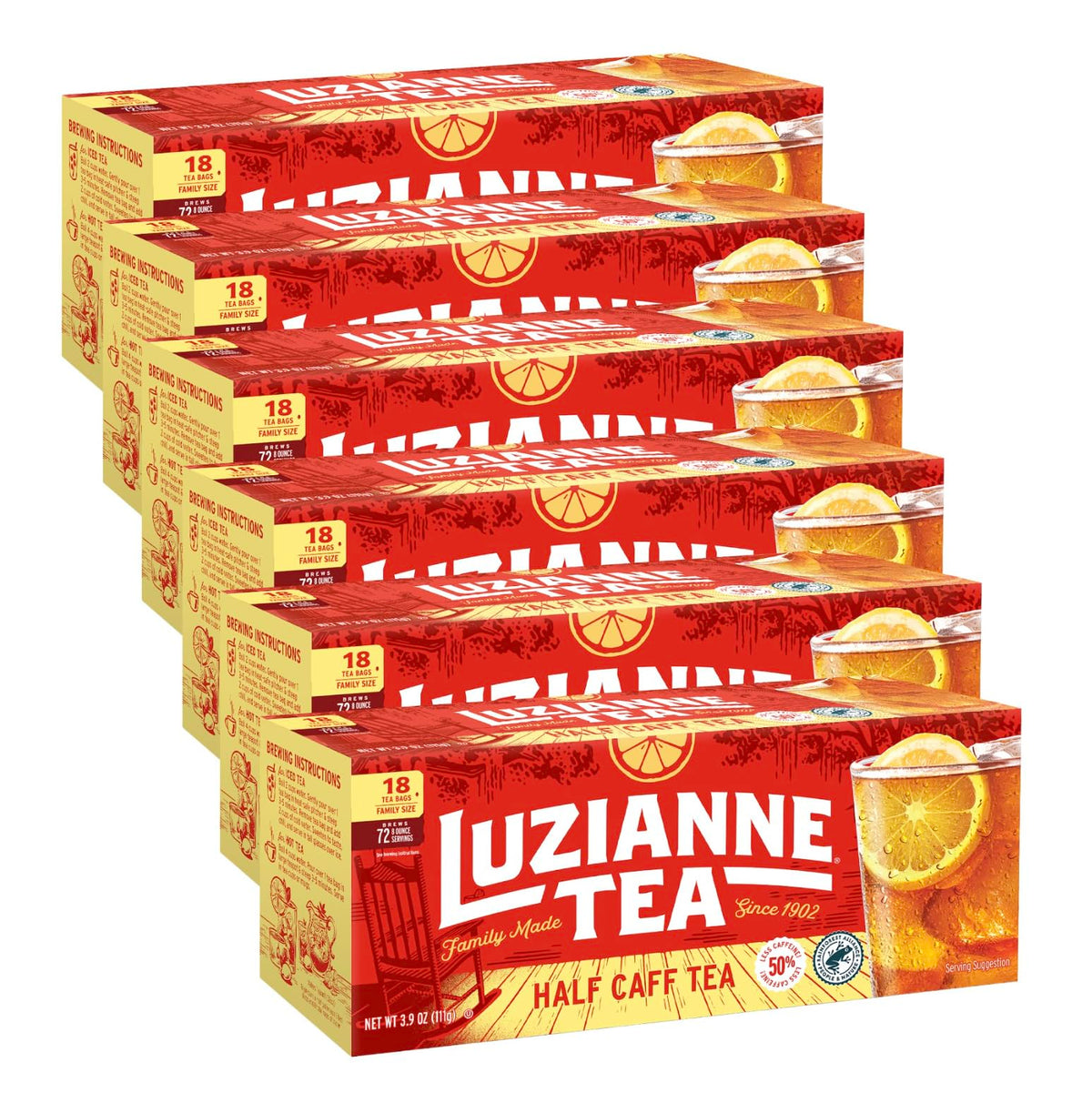 Luzianne front packaging family size box shows brand and unsweetened half-caff benefits