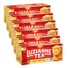 Luzianne front packaging family size box shows brand and unsweetened half-caff benefits