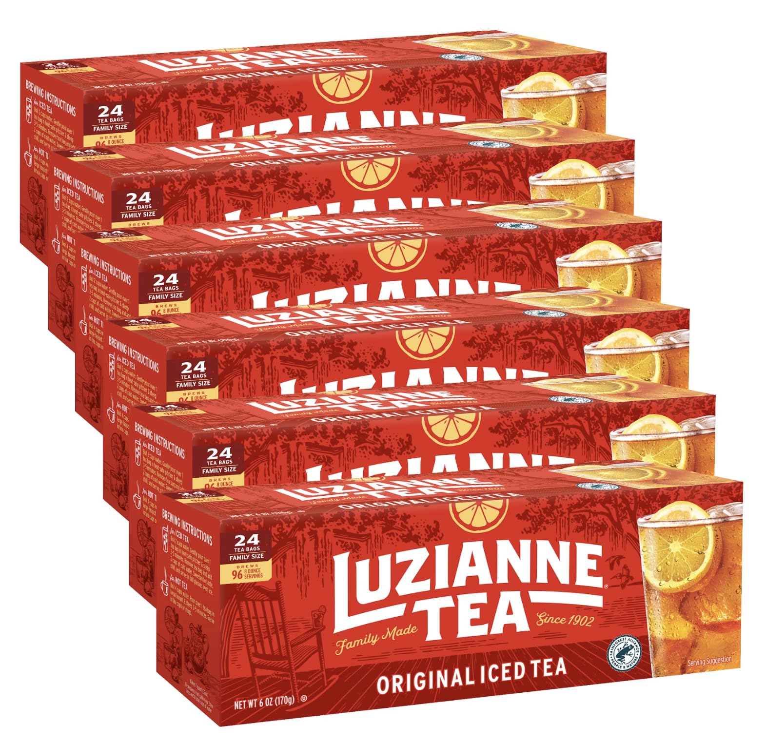 Luzianne front packaging showing 24-count box and clear branding, convenient storage