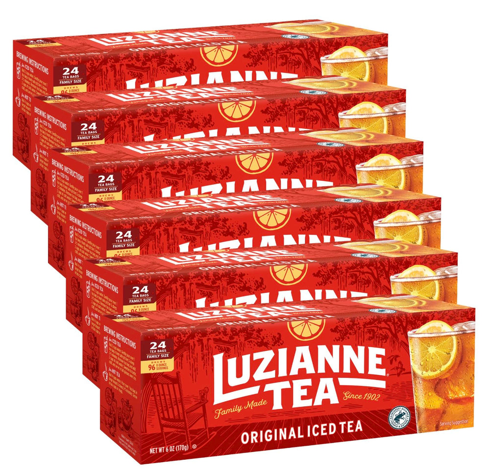 Luzianne front packaging showing 24-count box and clear branding, convenient storage