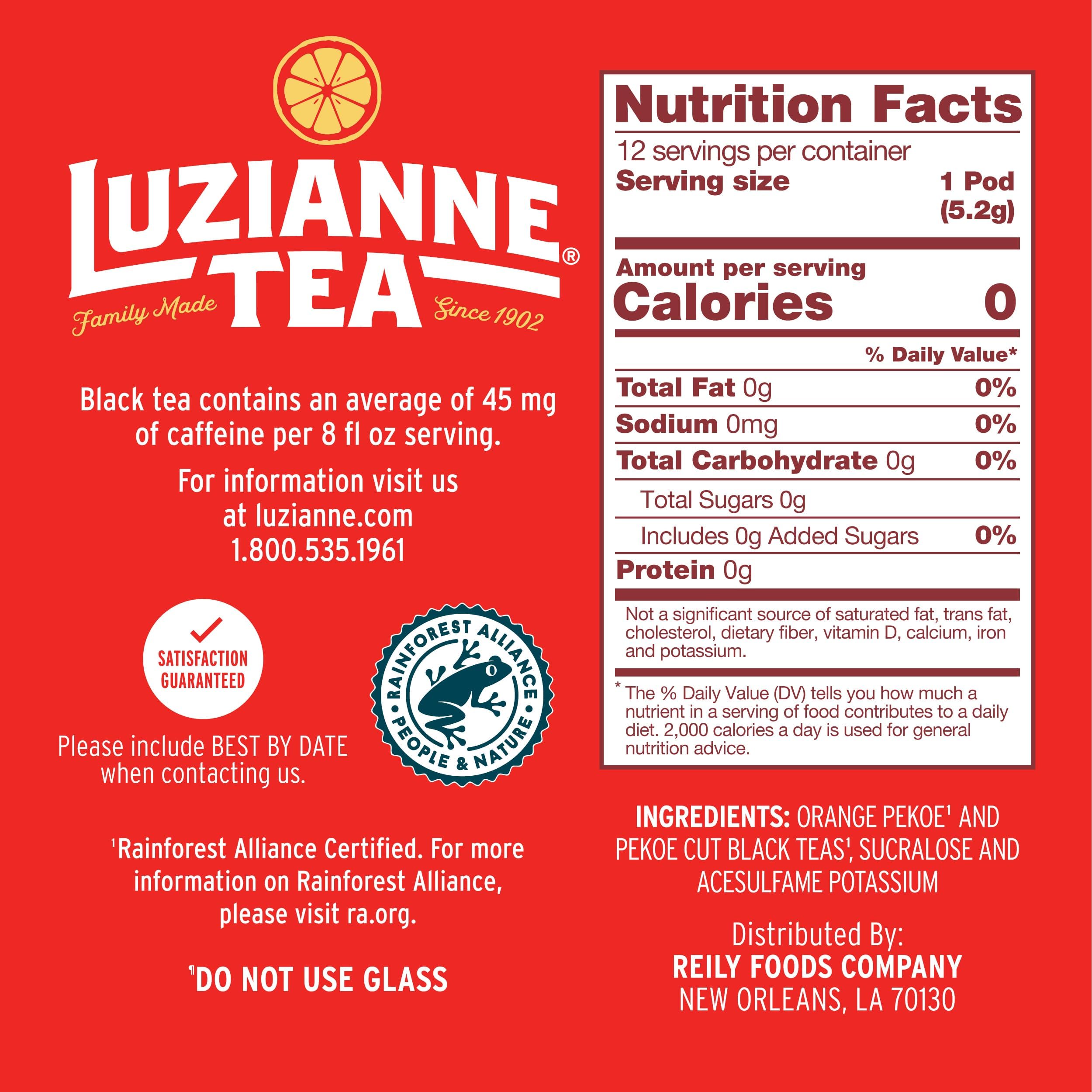 Luzianne pod close-up revealing tea blend texture and real leaves for rich iced flavor