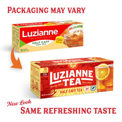 Luzianne tea bag close-up of tea leaf blend highlighting clear iced-tea flavor