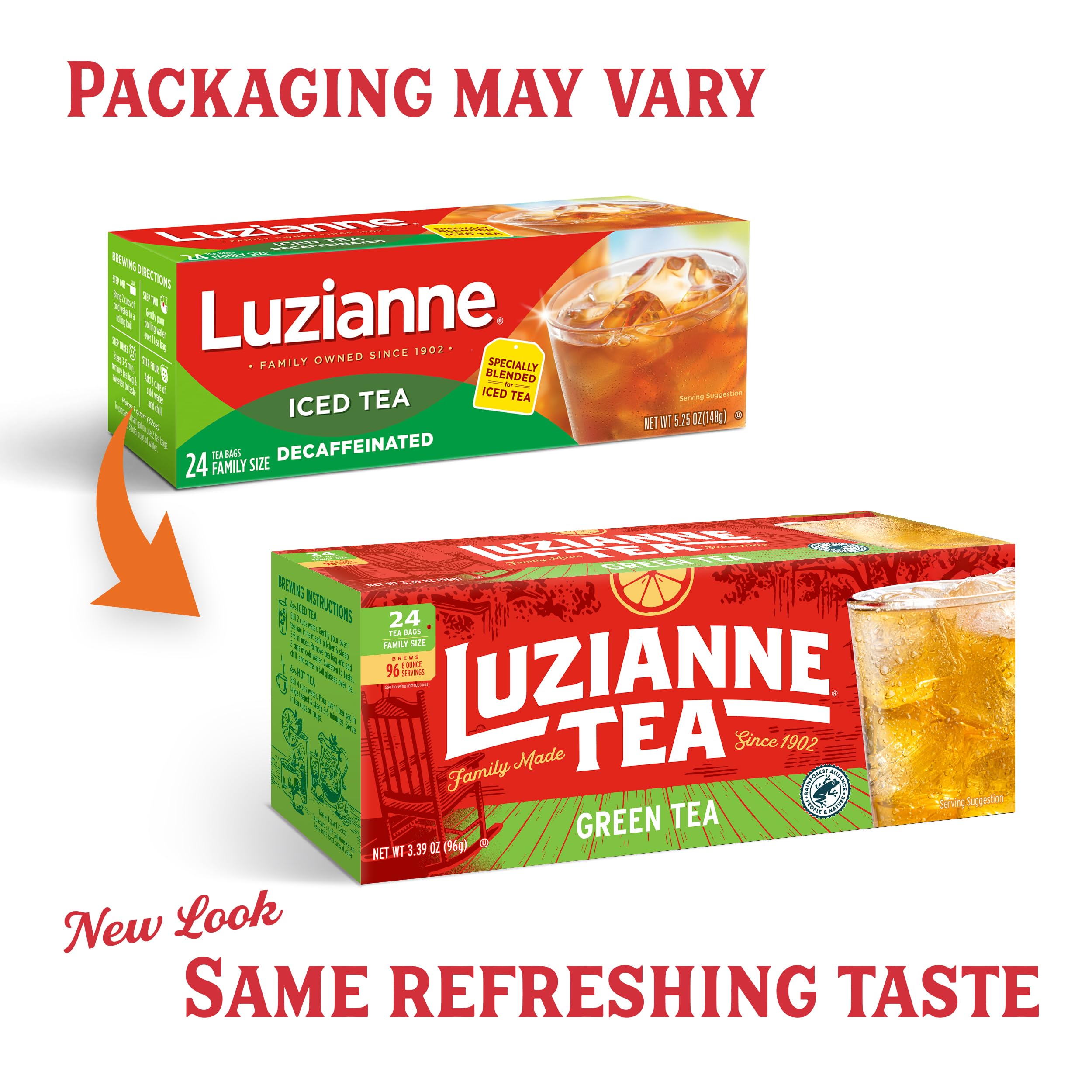 Luzianne tea bag close-up highlighting fine leaf blend and easy steeping