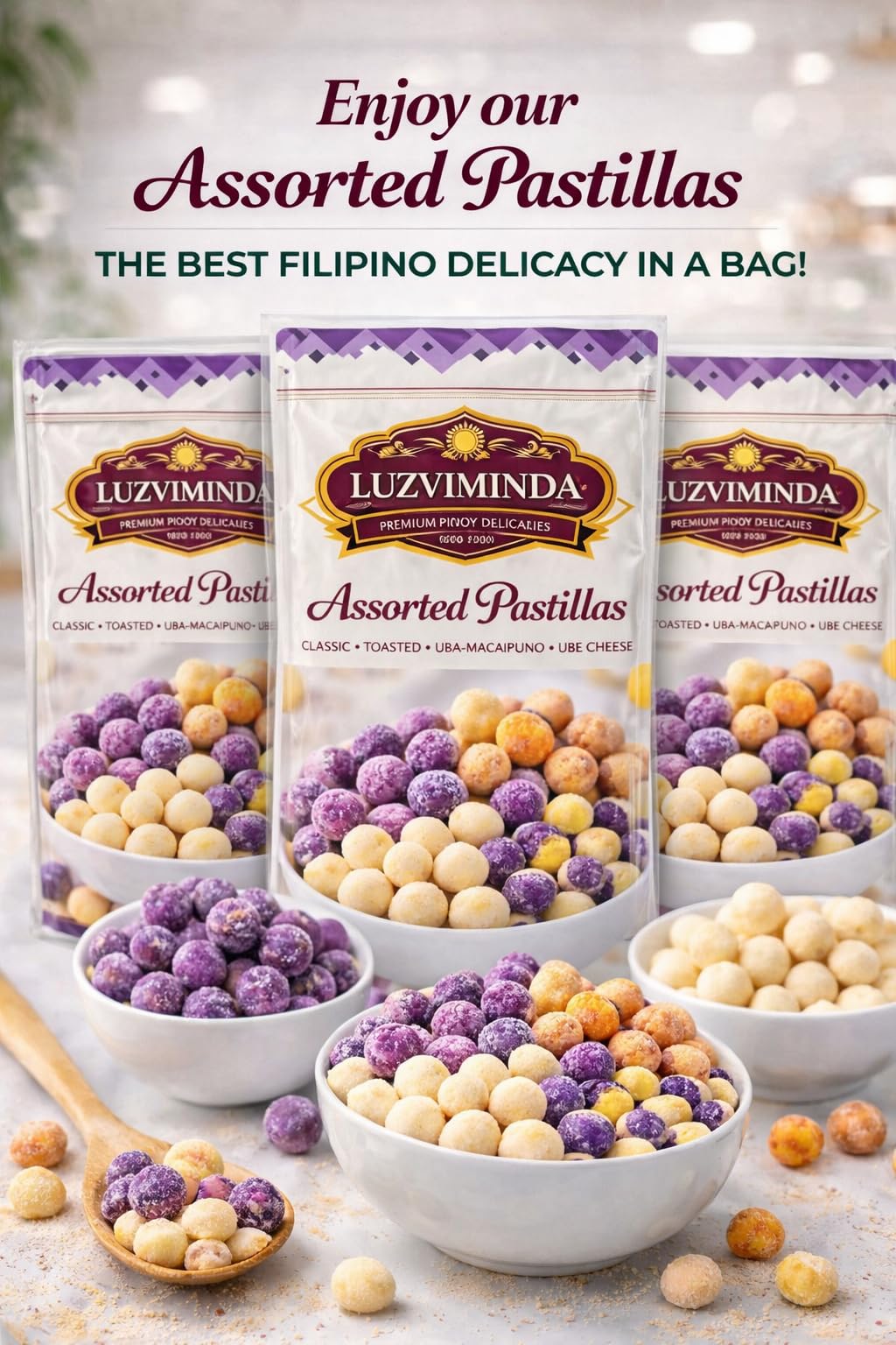 Luzviminda ube macapuno pastillas detail showcasing purple yam and coconut pieces for tropical flavor