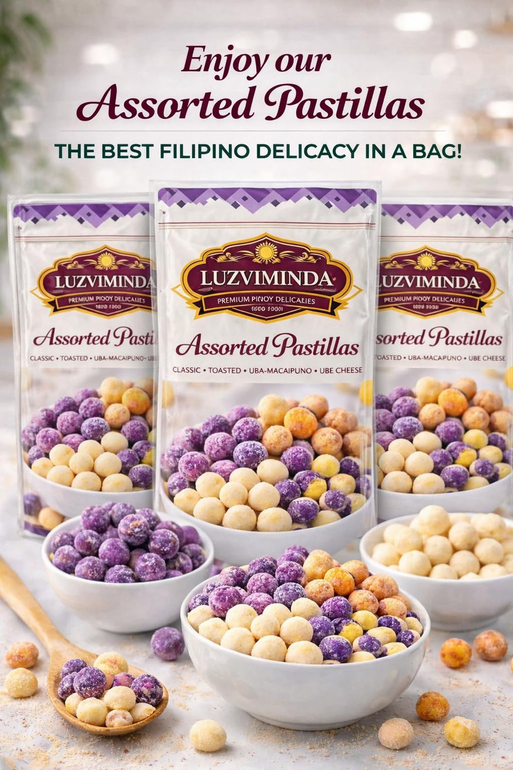 Luzviminda ube macapuno pastillas detail showcasing purple yam and coconut pieces for tropical flavor