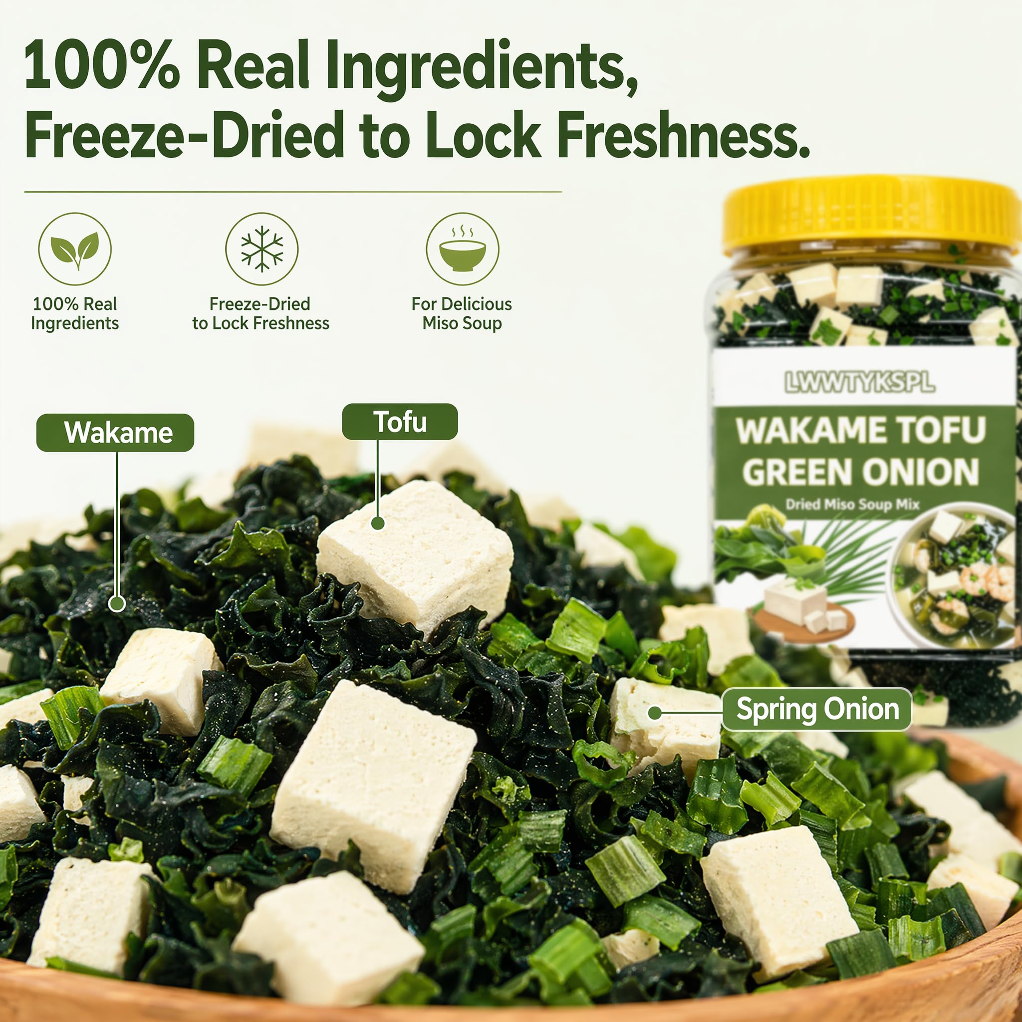 LWWTYKSPL open jar displaying wakame, tofu, and green onion mix for quick use