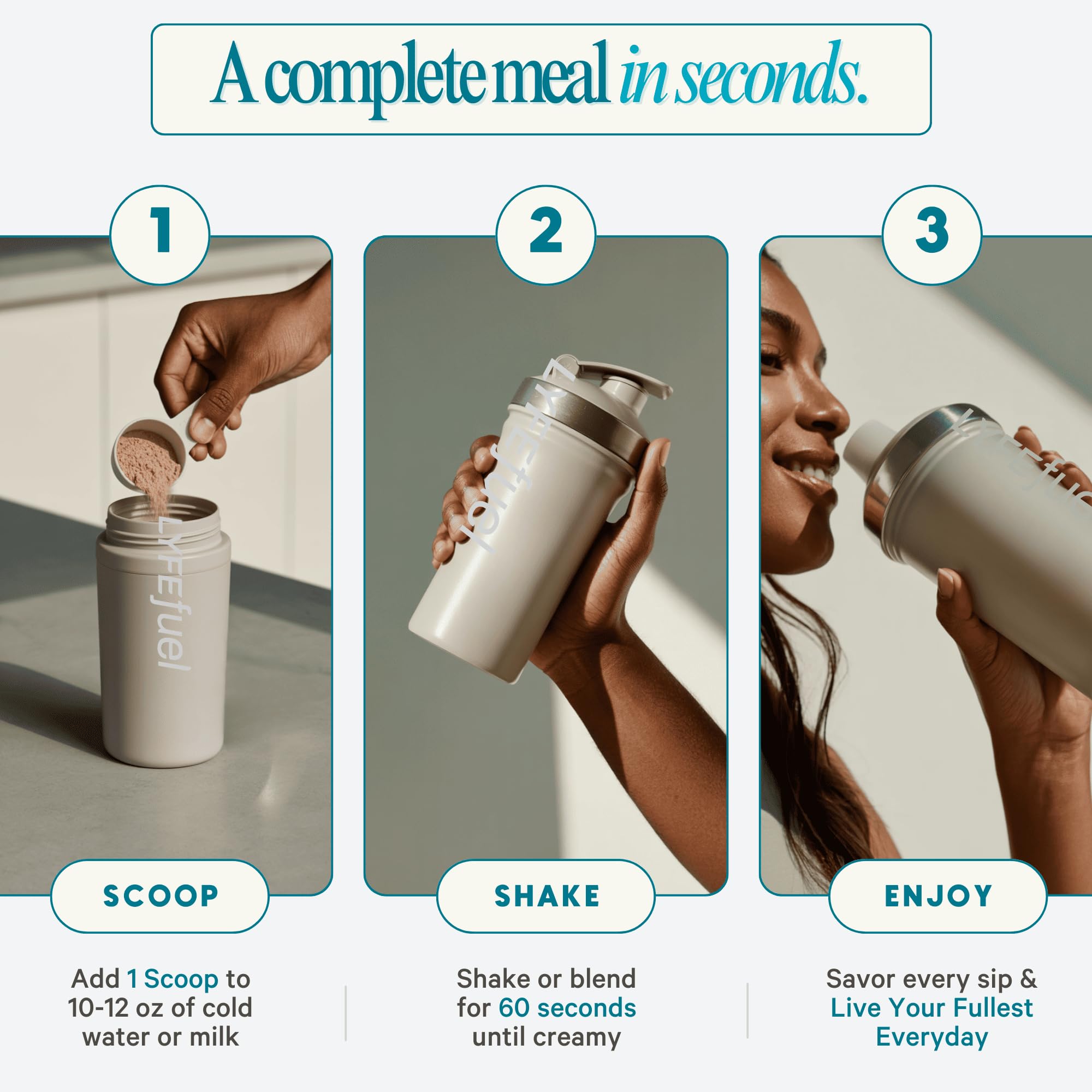 LyfeFuel shake in reusable bottle for travel showing portability and convenience