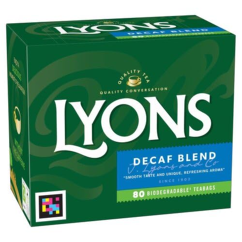 Lyons decaffeinated Irish tea front box showing 80 pyramid bags and clear branding for convenient storage